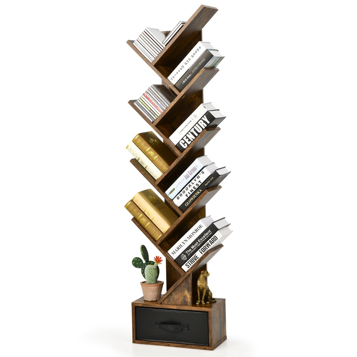 Costway 10-Tier Tree Bookcase with Drawer for Storage-Brown