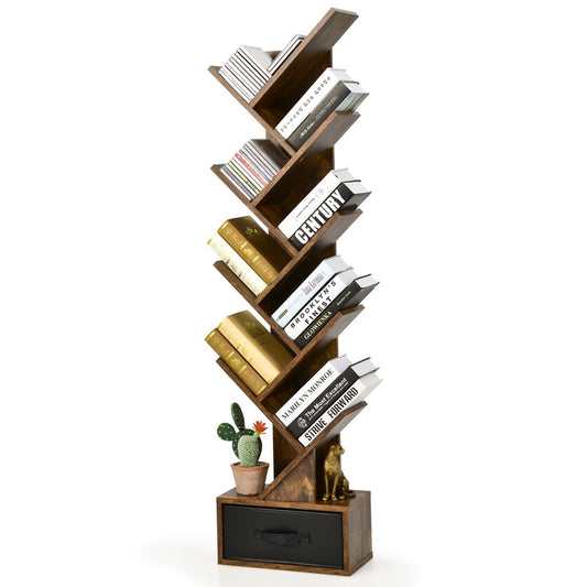 Costway 10-Tier Tree Bookcase with Drawer for Storage-Brown