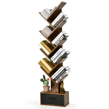 10-Tier Tree-Style Bookcase with Drawer for Compact Storage, Rustic Brown