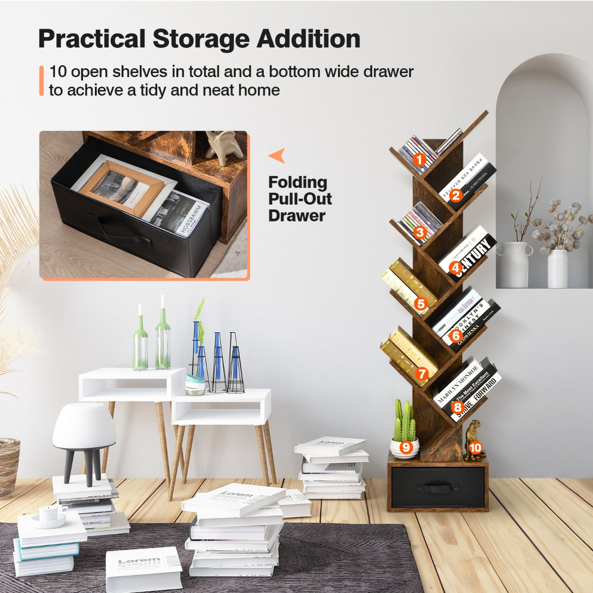 Costway 10-Tier Tree Bookcase with Drawer for Storage-Brown