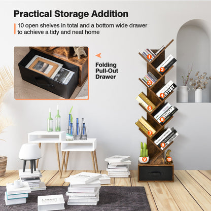 10-Tier Tree-Style Bookcase with Drawer for Compact Storage, Rustic Brown