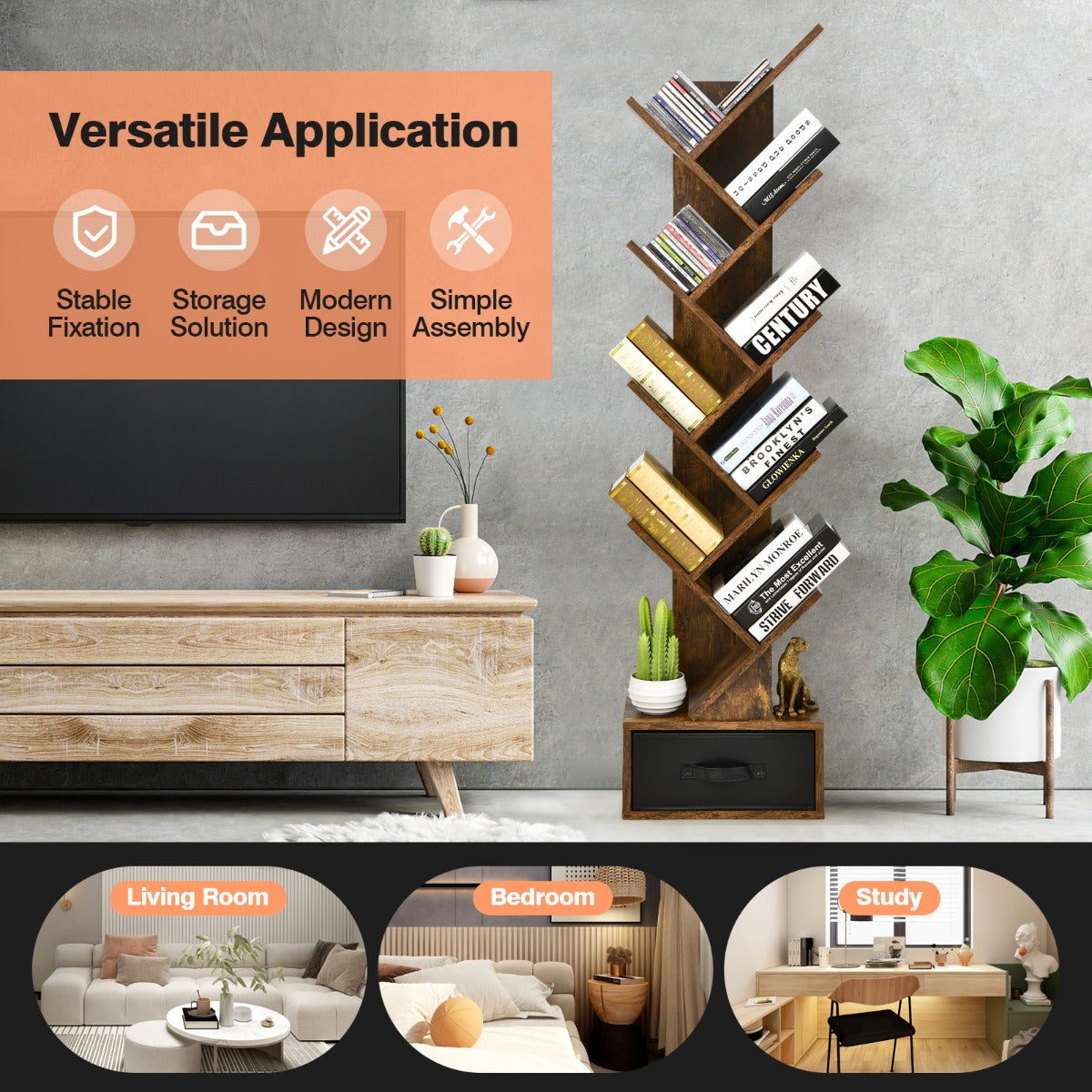 10-Tier Tree-Style Bookcase with Drawer for Compact Storage, Rustic Brown