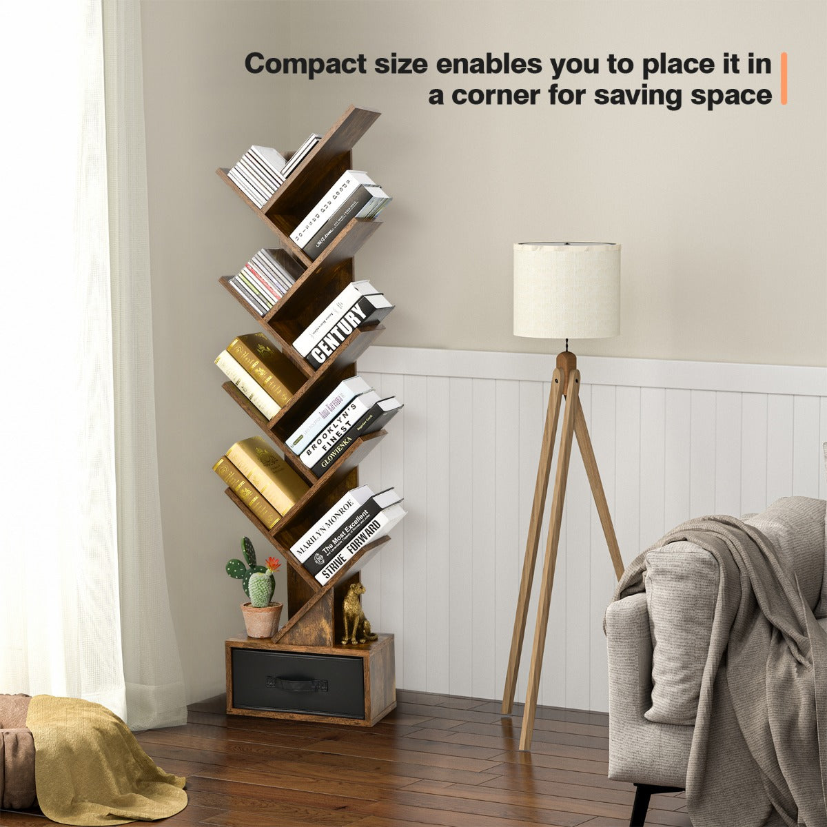 10-Tier Tree-Style Bookcase with Drawer for Compact Storage, Rustic Brown