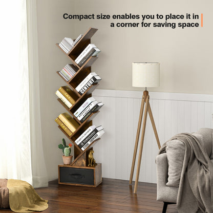 10-Tier Tree-Style Bookcase with Drawer for Compact Storage, Rustic Brown