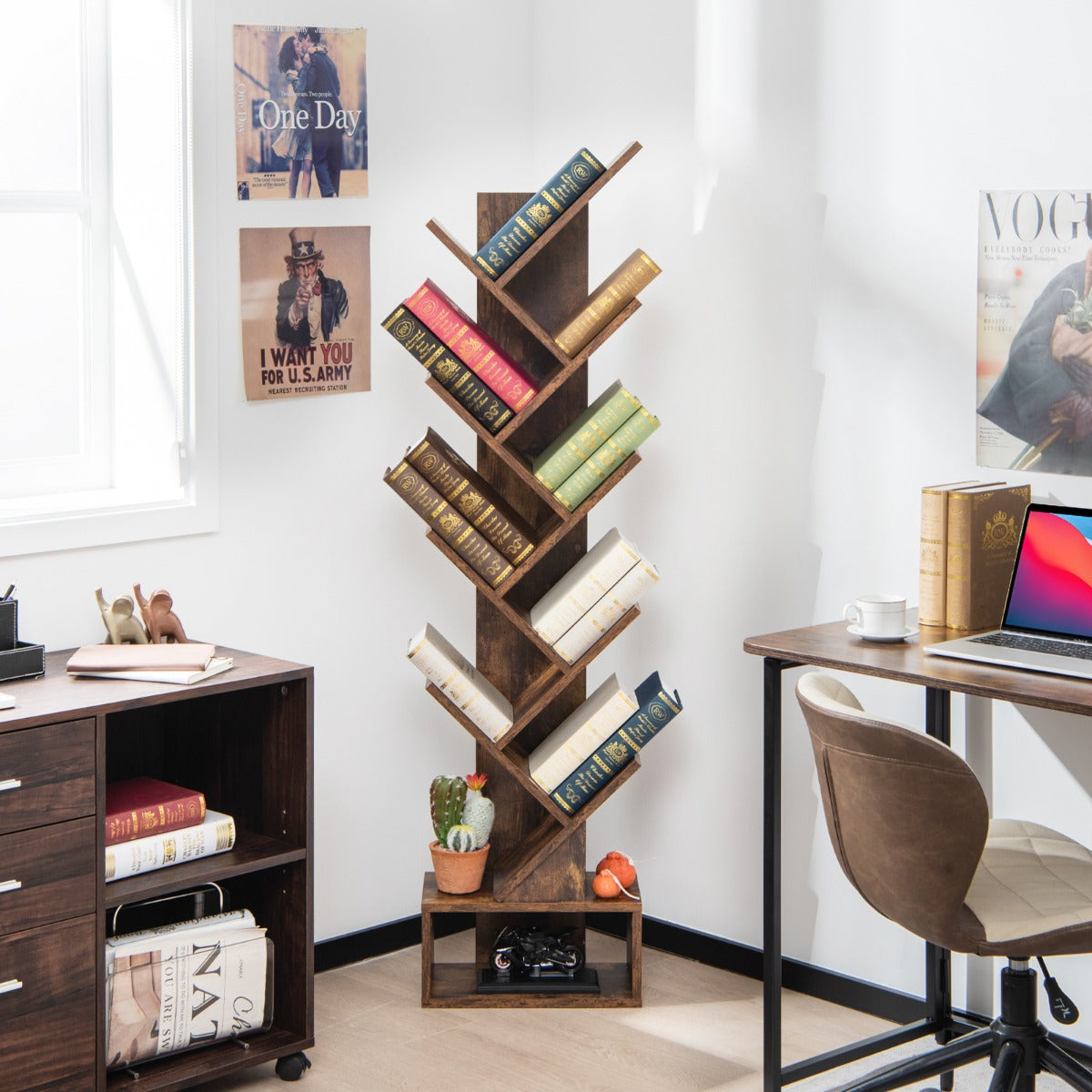 Costway 10-Tier Tree Bookcase with Drawer for Storage-Brown