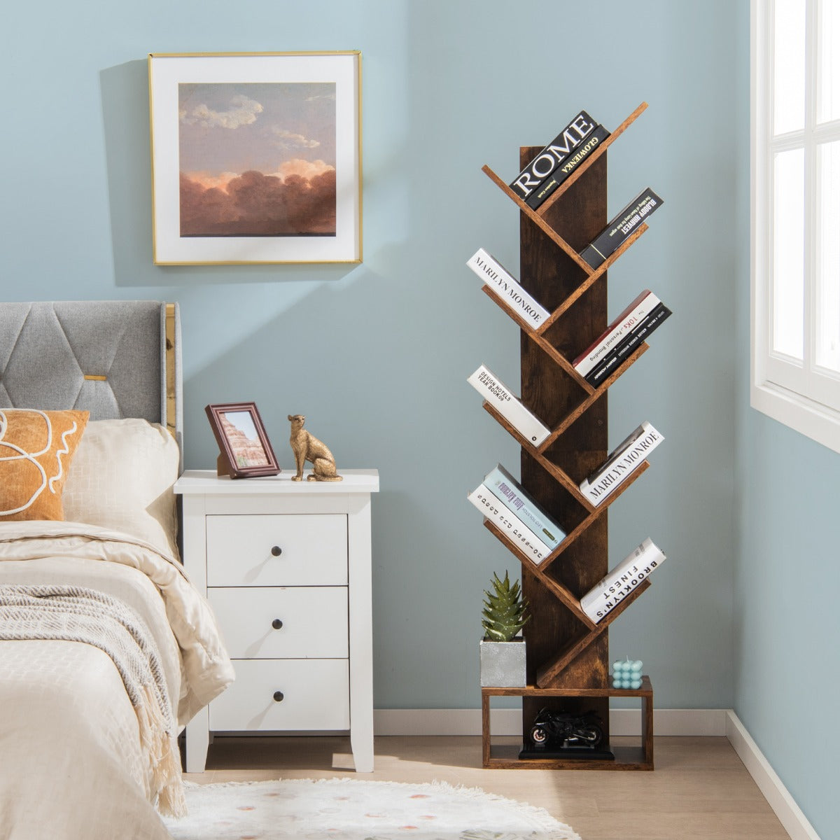 Costway 10-Tier Tree Bookcase with Drawer for Storage-Brown