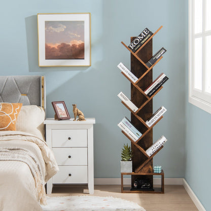 10-Tier Tree-Style Bookcase with Drawer for Compact Storage, Rustic Brown