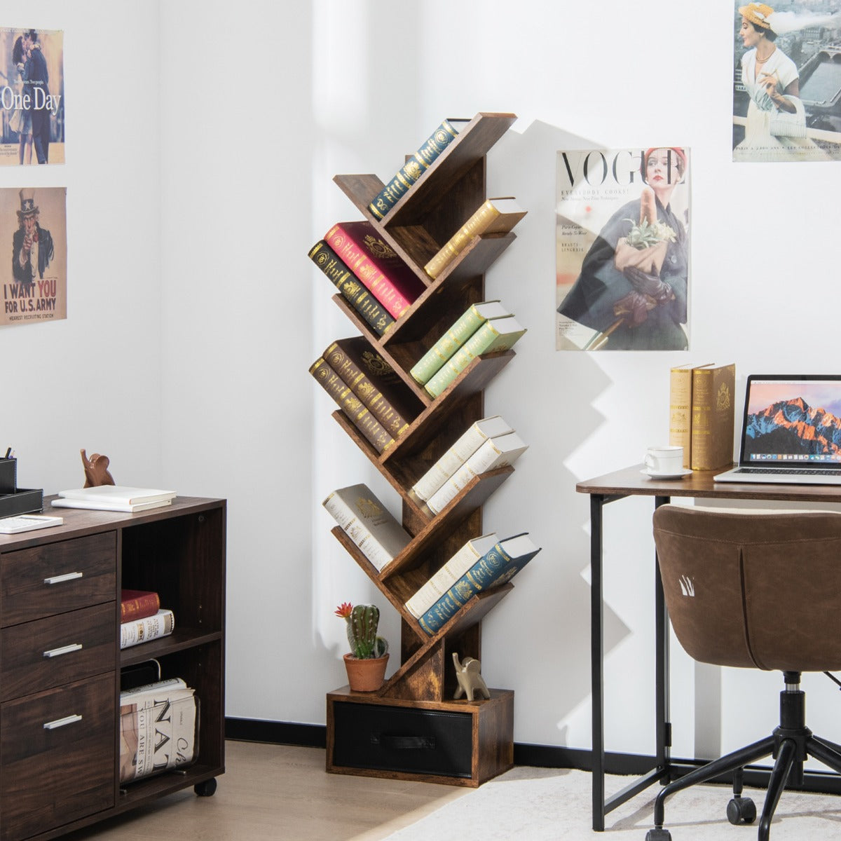 Costway 10-Tier Tree Bookcase with Drawer for Storage-Brown