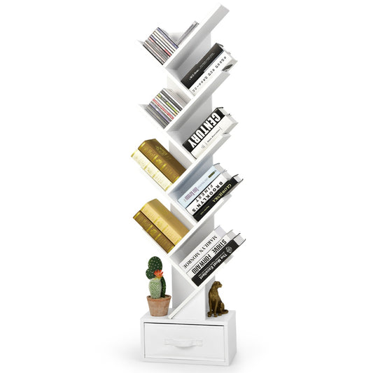 Costway 10-Tier Tree Bookcase with Drawer for Storage-White