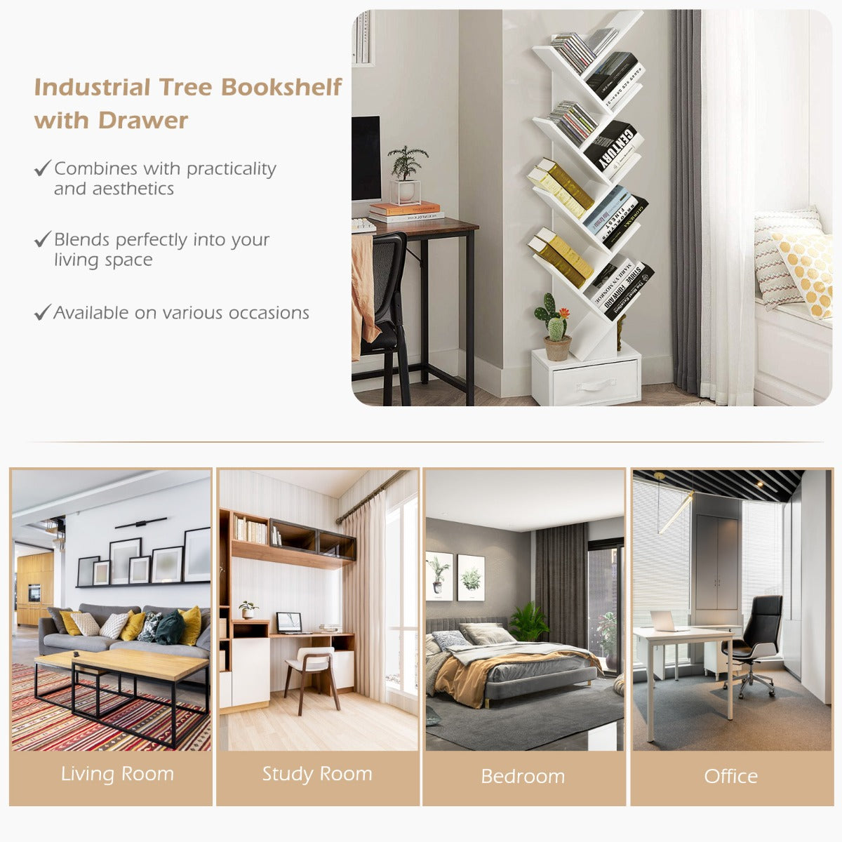 Costway 10-Tier Tree Bookcase with Drawer for Storage-White