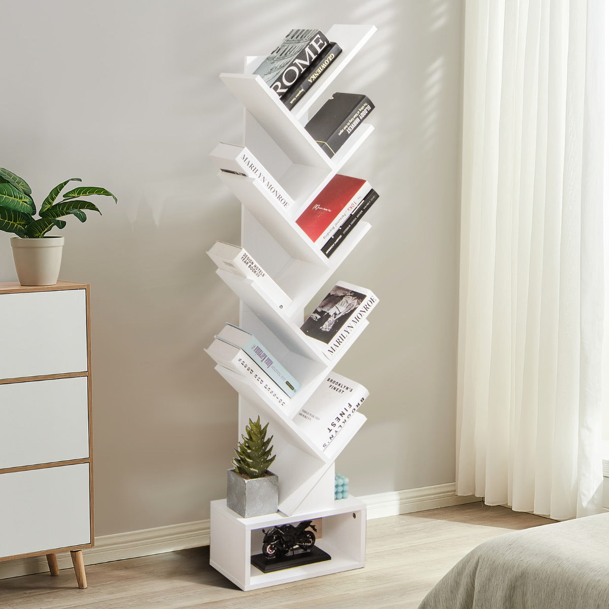 Costway 10-Tier Tree Bookcase with Drawer for Storage-White