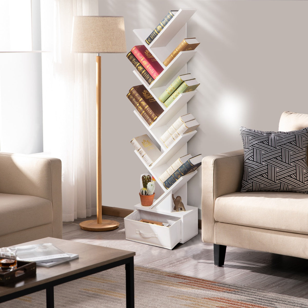 Costway 10-Tier Tree Bookcase with Drawer for Storage-White