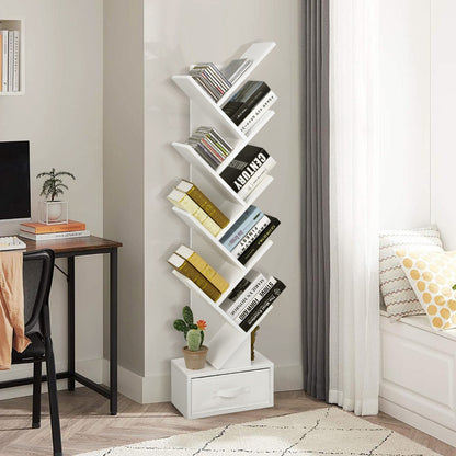 Costway 10-Tier Tree Bookcase with Drawer for Storage-White