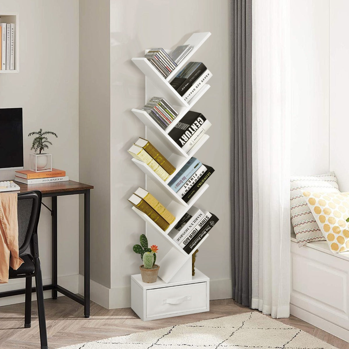 10-Tier Tree-Shaped Bookcase with Drawer, 1.5m Tall, Space-Saving Design