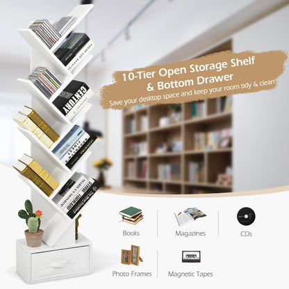 10-Tier Tree-Shaped Bookcase with Drawer, 1.5m Tall, Space-Saving Design