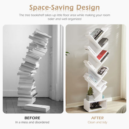 10-Tier Tree-Shaped Bookcase with Drawer, 1.5m Tall, Space-Saving Design