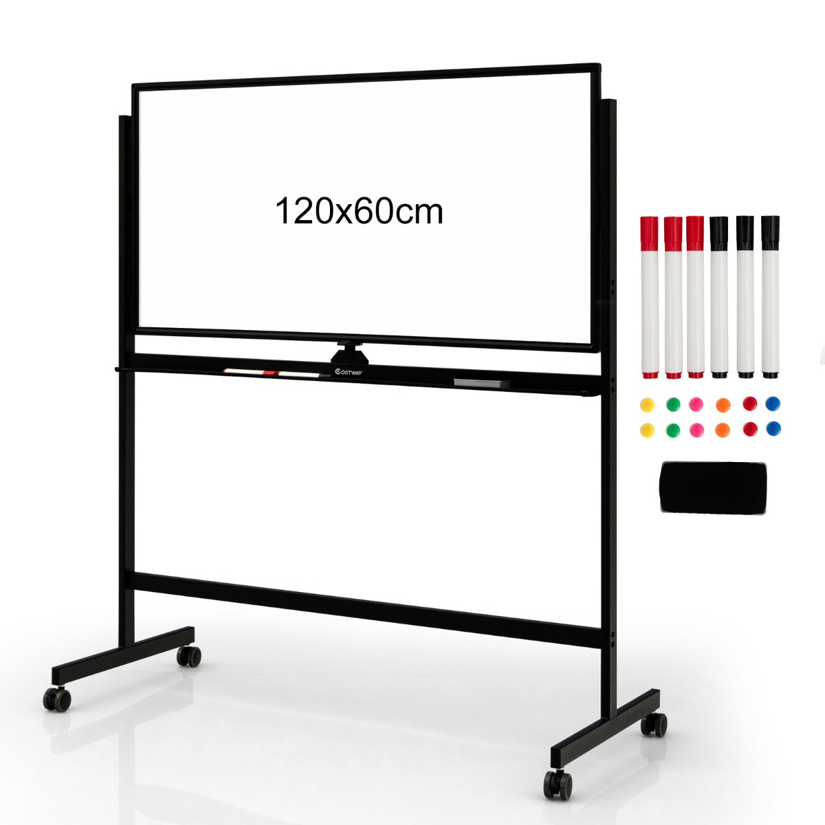 Double-Sided Magnetic Mobile Whiteboard with 6 Markers-Black