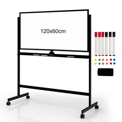 Double-Sided Magnetic Mobile Whiteboard with 6 Markers-Black