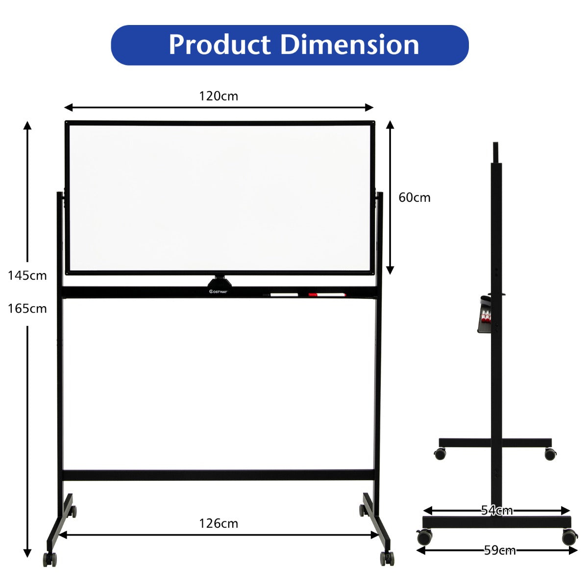 Double-Sided Magnetic Mobile Whiteboard with 6 Markers-Black