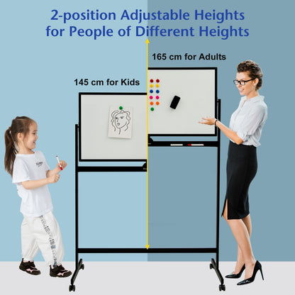 Double-Sided Magnetic Mobile Whiteboard with 6 Markers-Black
