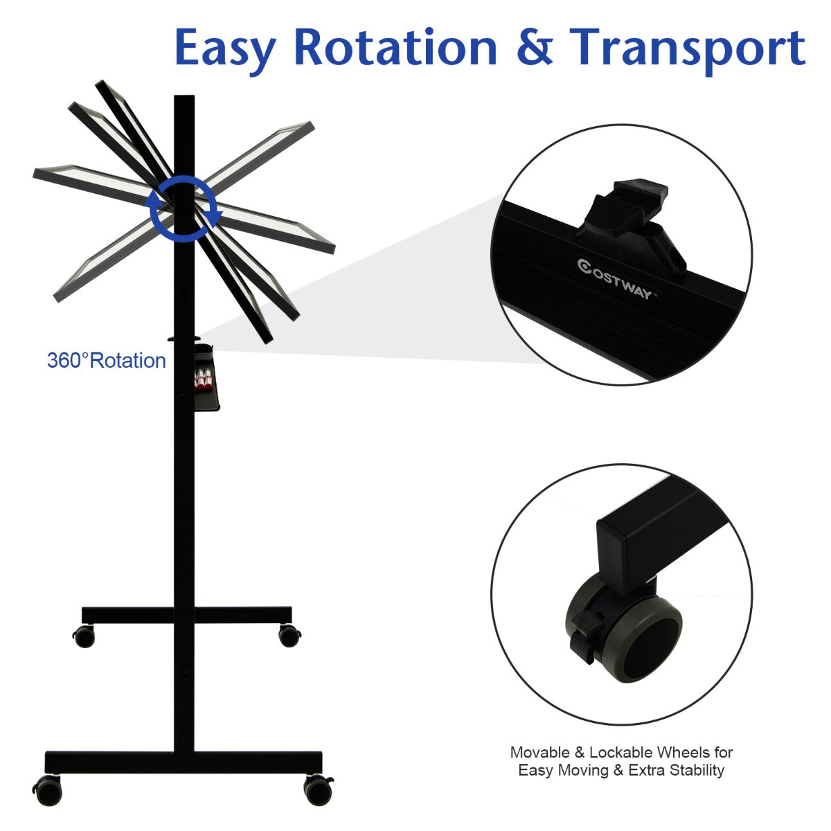 Double-Sided Magnetic Mobile Whiteboard with 6 Markers-Black