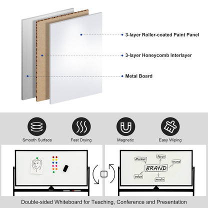 Double-Sided Magnetic Mobile Whiteboard with 6 Markers-Black