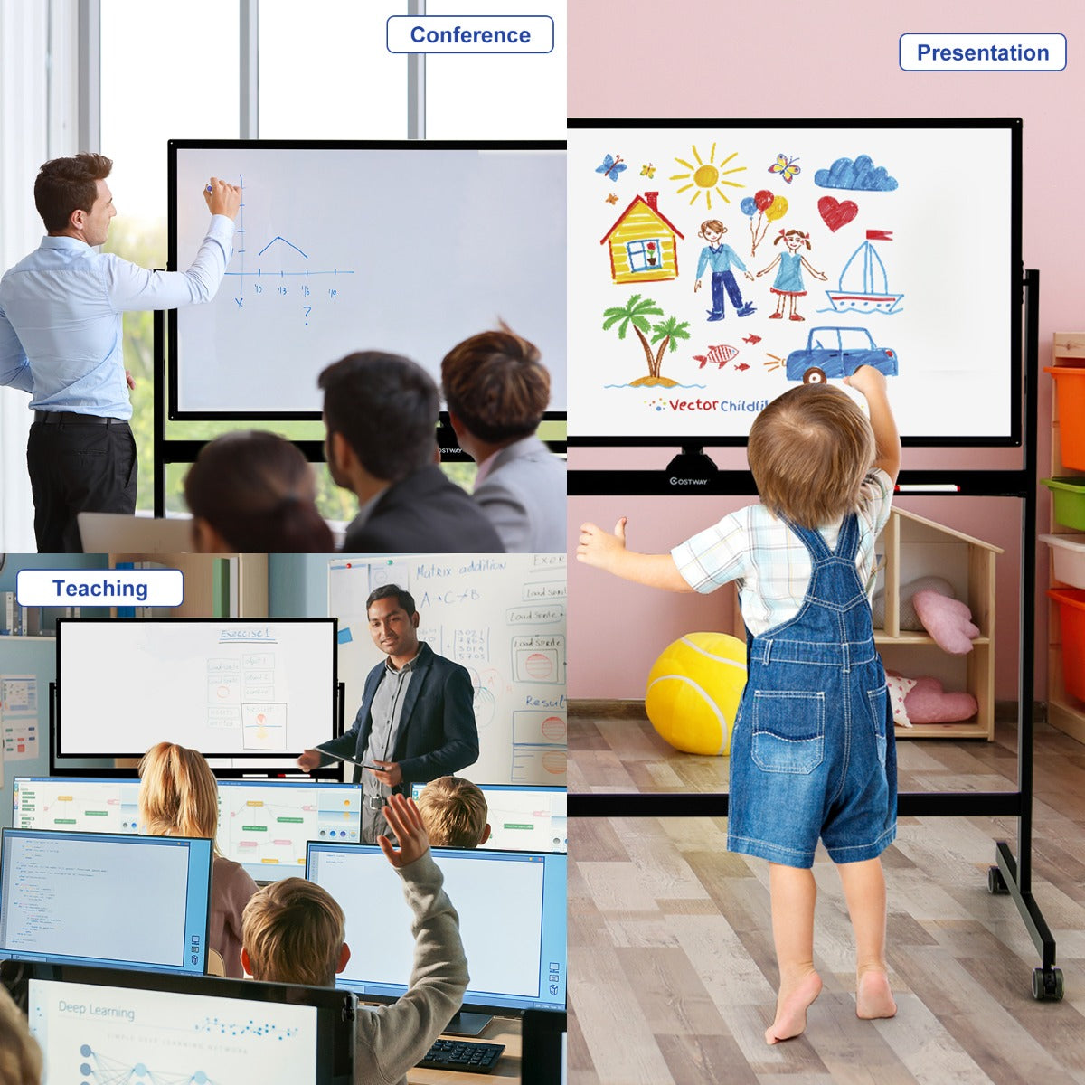 Double-Sided Magnetic Mobile Whiteboard with 6 Markers-Black