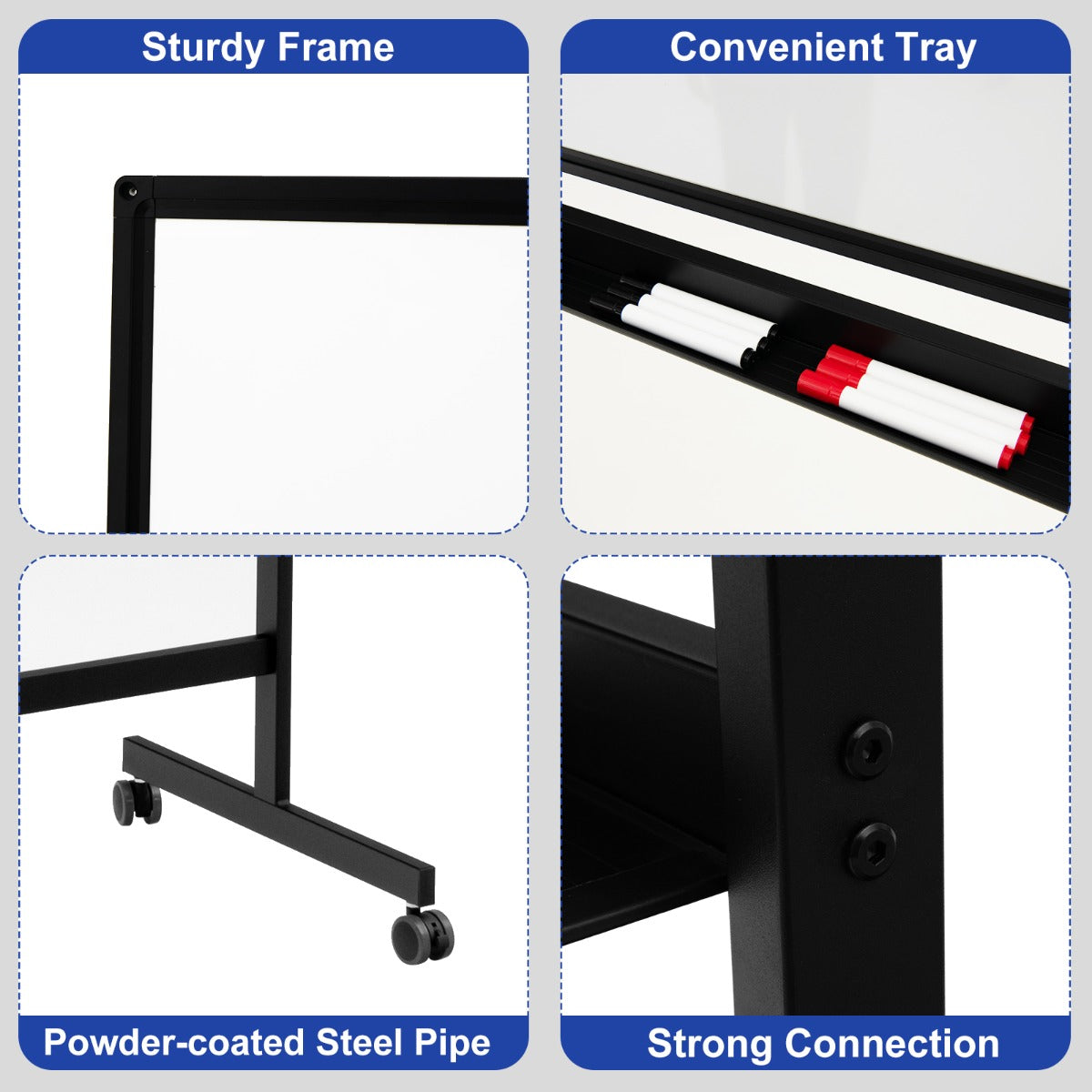 Double-Sided Magnetic Mobile Whiteboard with 6 Markers-Black