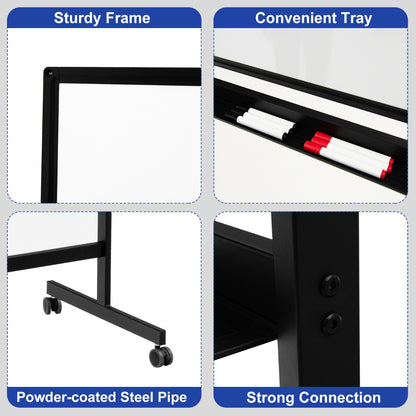 Double-Sided Magnetic Mobile Whiteboard with 6 Markers-Black