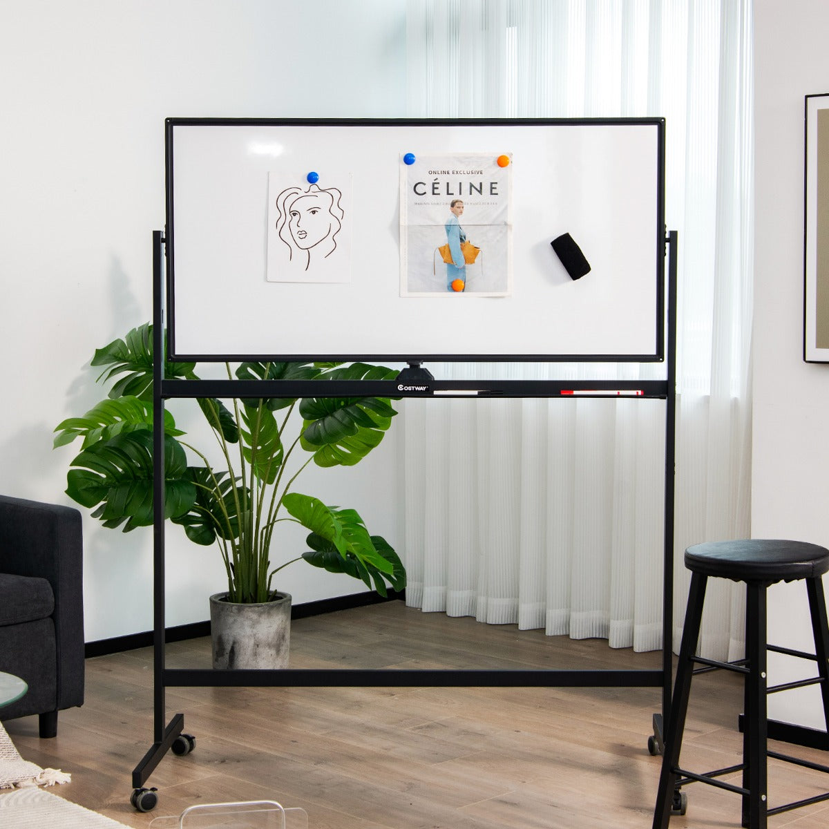 Double-Sided Magnetic Mobile Whiteboard with 6 Markers-Black