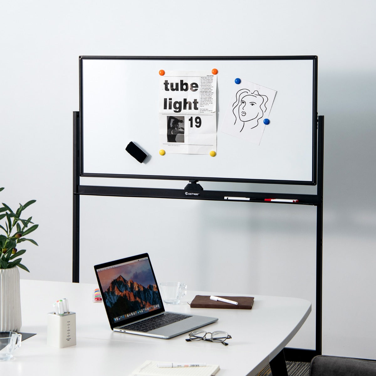 Double-Sided Magnetic Mobile Whiteboard with 6 Markers-Black