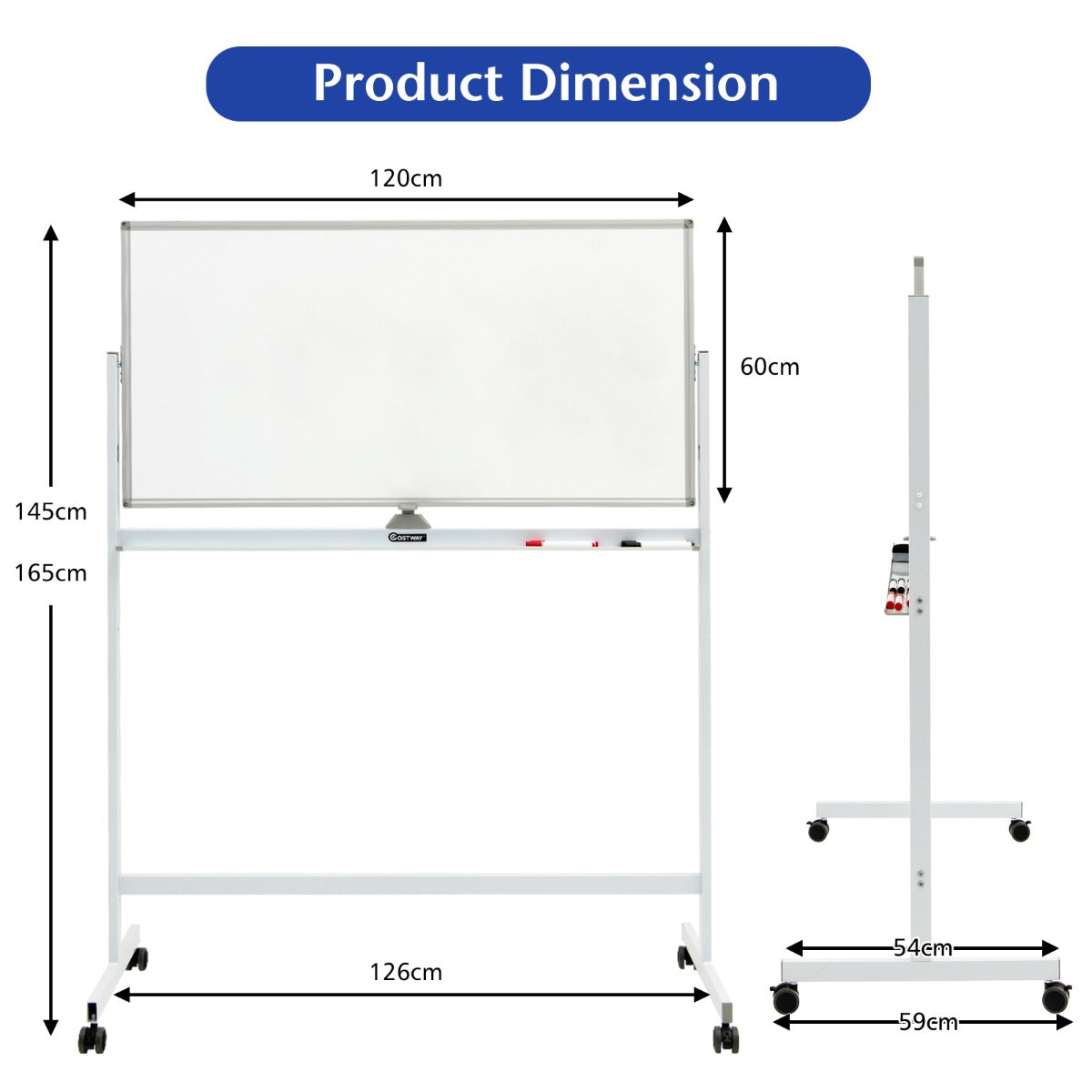Double-Sided Magnetic Mobile Whiteboard with 6 Markers-White
