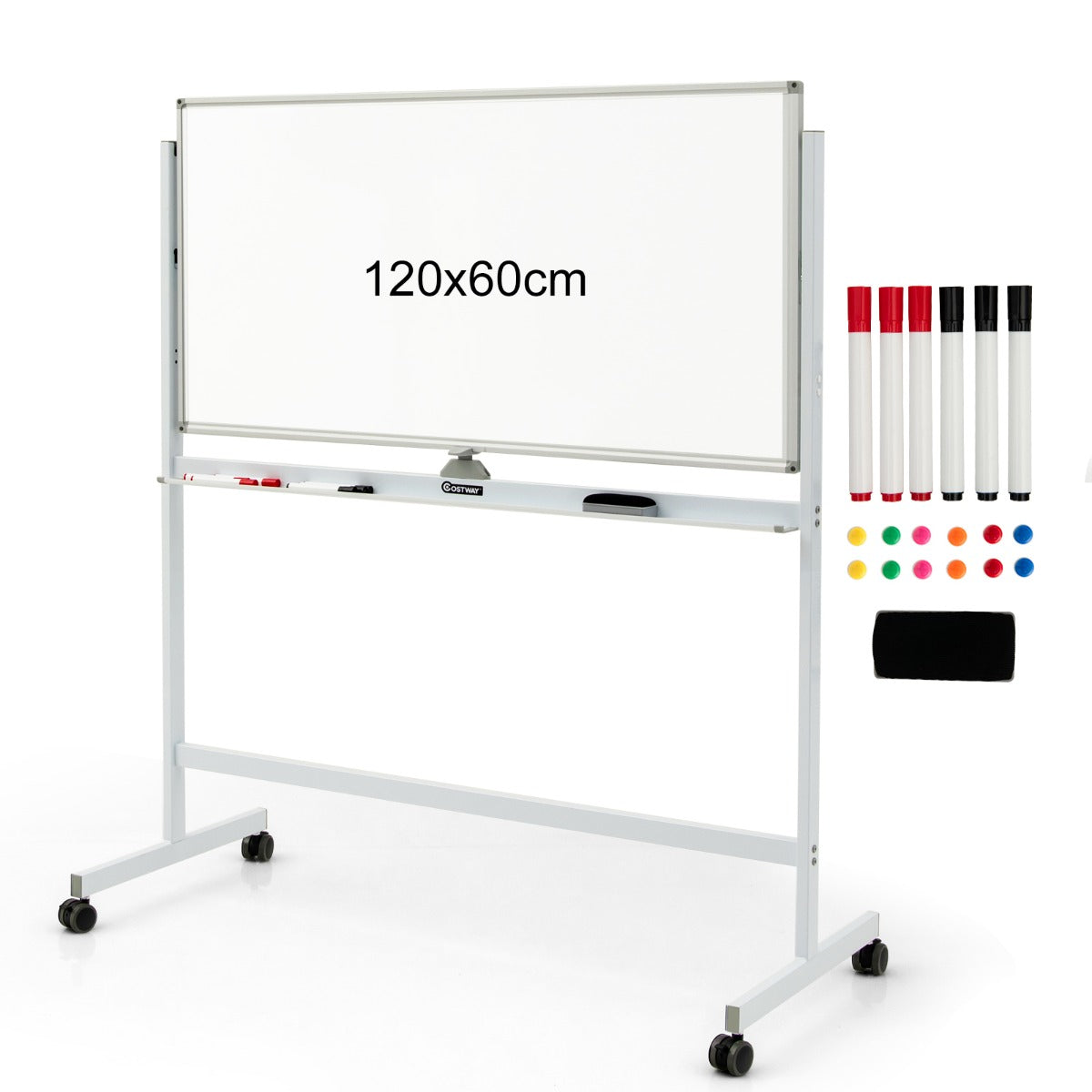 Double-Sided Magnetic Mobile Whiteboard with 6 Markers-White