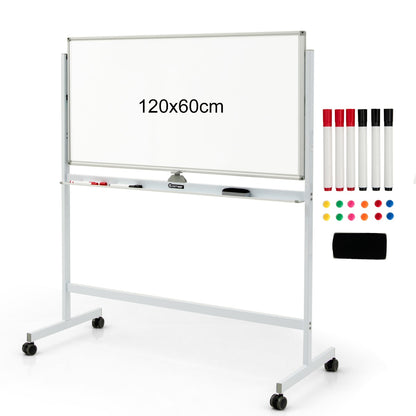Double-Sided Magnetic Mobile Whiteboard with 6 Markers-White