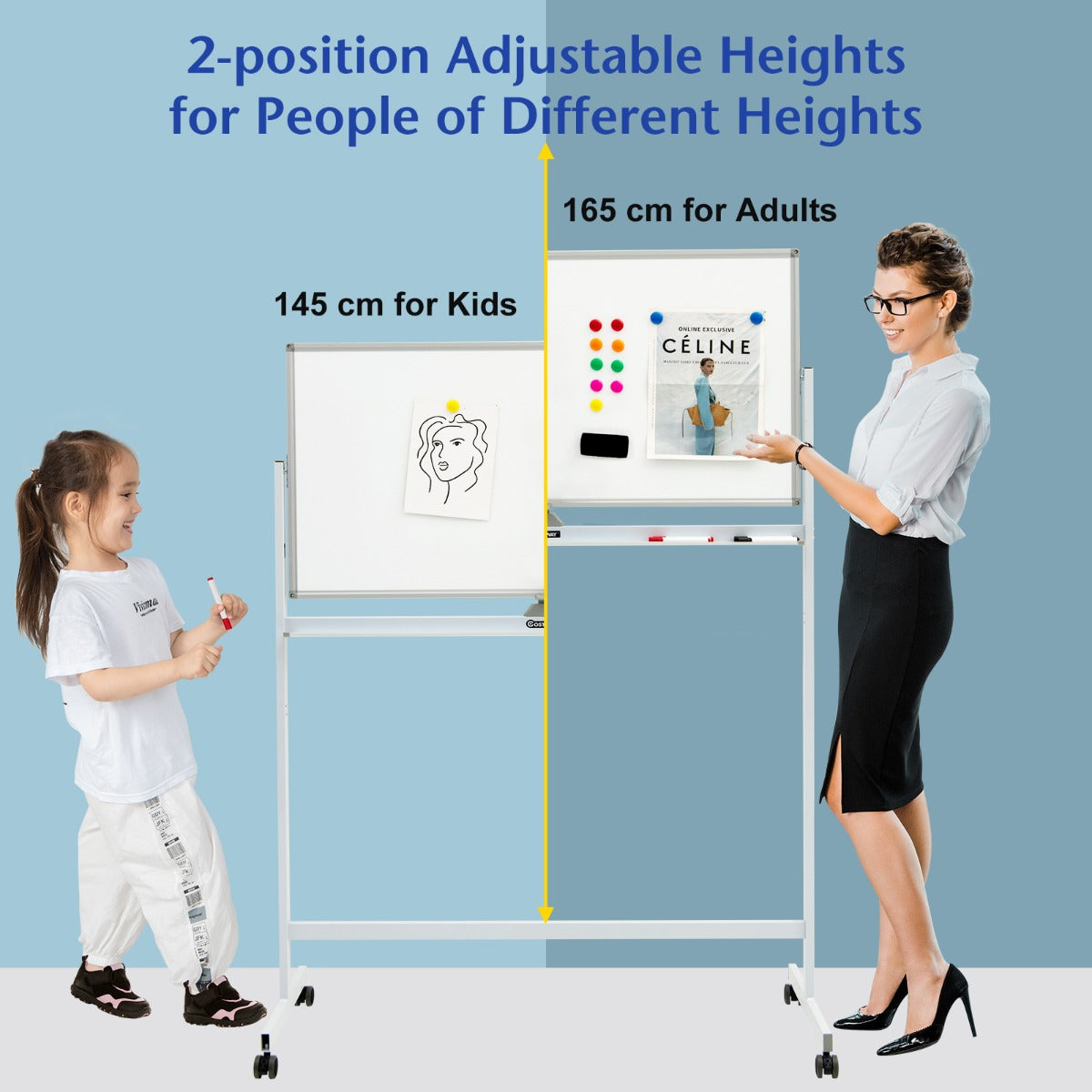 Double-Sided Magnetic Mobile Whiteboard with 6 Markers-White