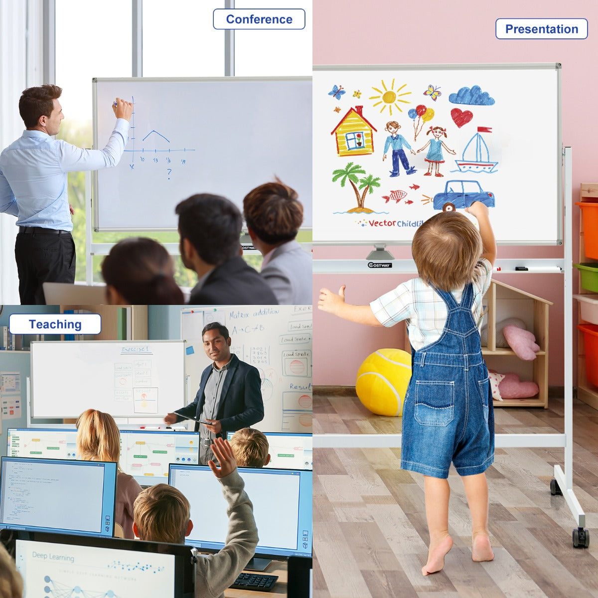 Double-Sided Magnetic Mobile Whiteboard with 6 Markers-White