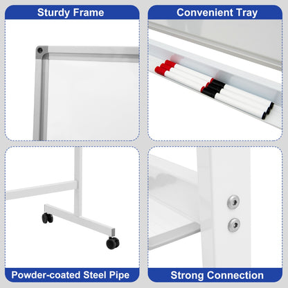 Double-Sided Magnetic Mobile Whiteboard with 6 Markers-White