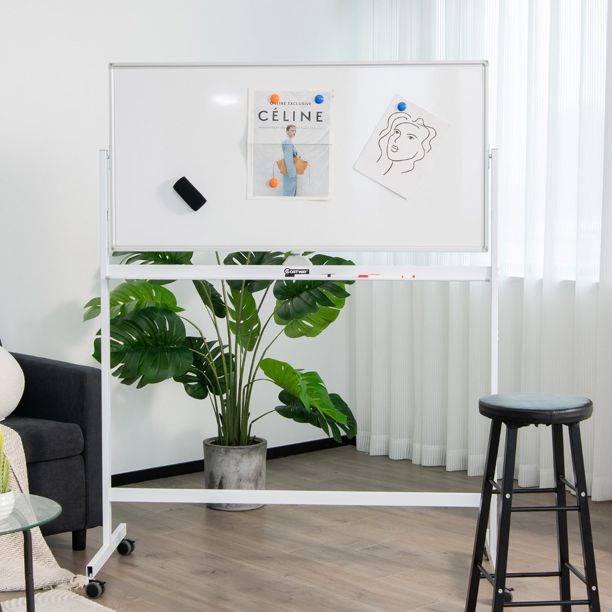 Double-Sided Magnetic Mobile Whiteboard with 6 Markers-White