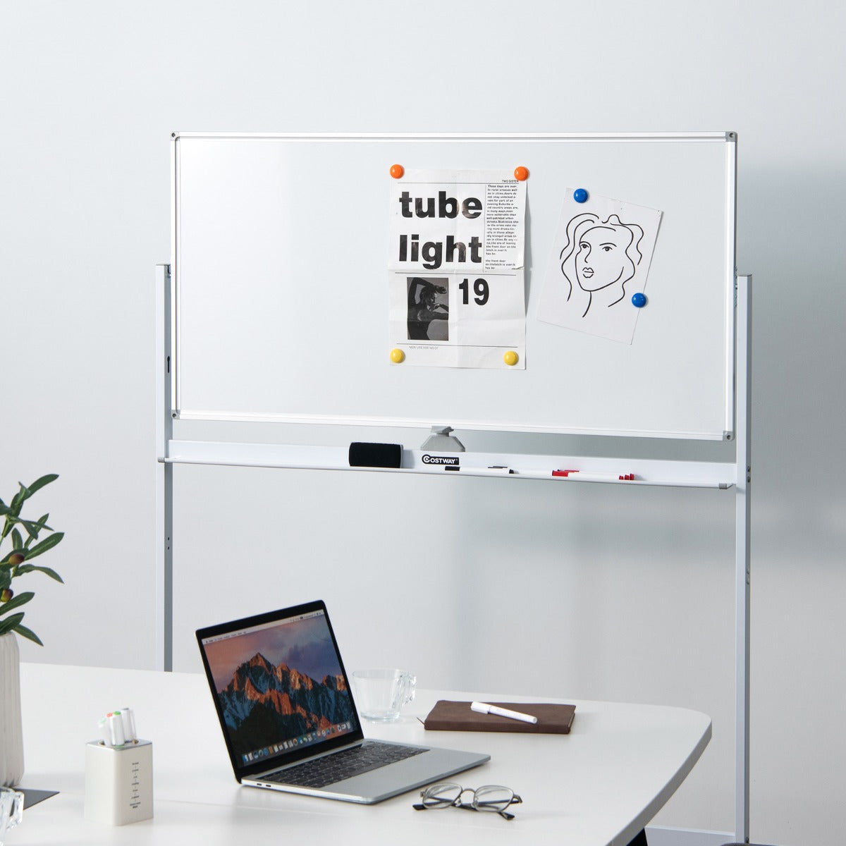 Double-Sided Magnetic Mobile Whiteboard with 6 Markers-White