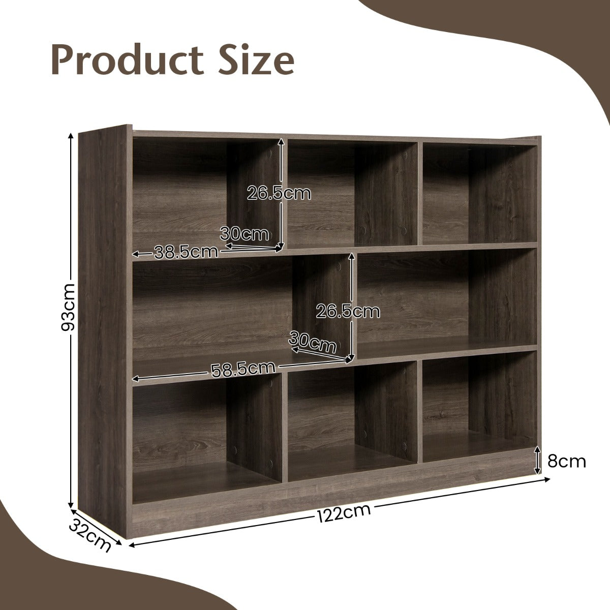 3-Tier Open Bookshelf Storage Cabinet with 8 Cubies-Grey