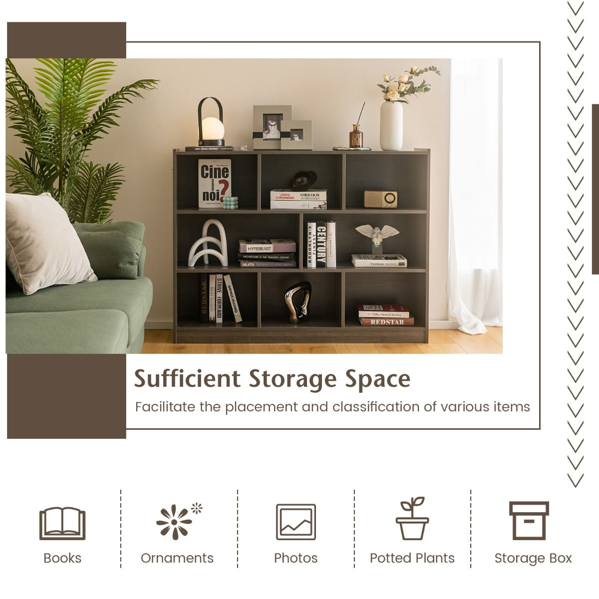 3-Tier Open Bookshelf Storage Cabinet with 8 Cubies-Grey