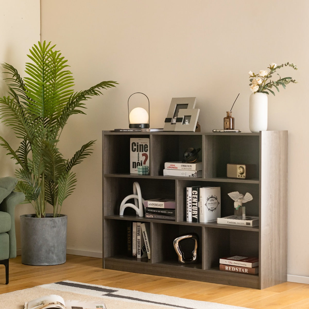 3-Tier Open Bookshelf Storage Cabinet with 8 Cubies-Grey