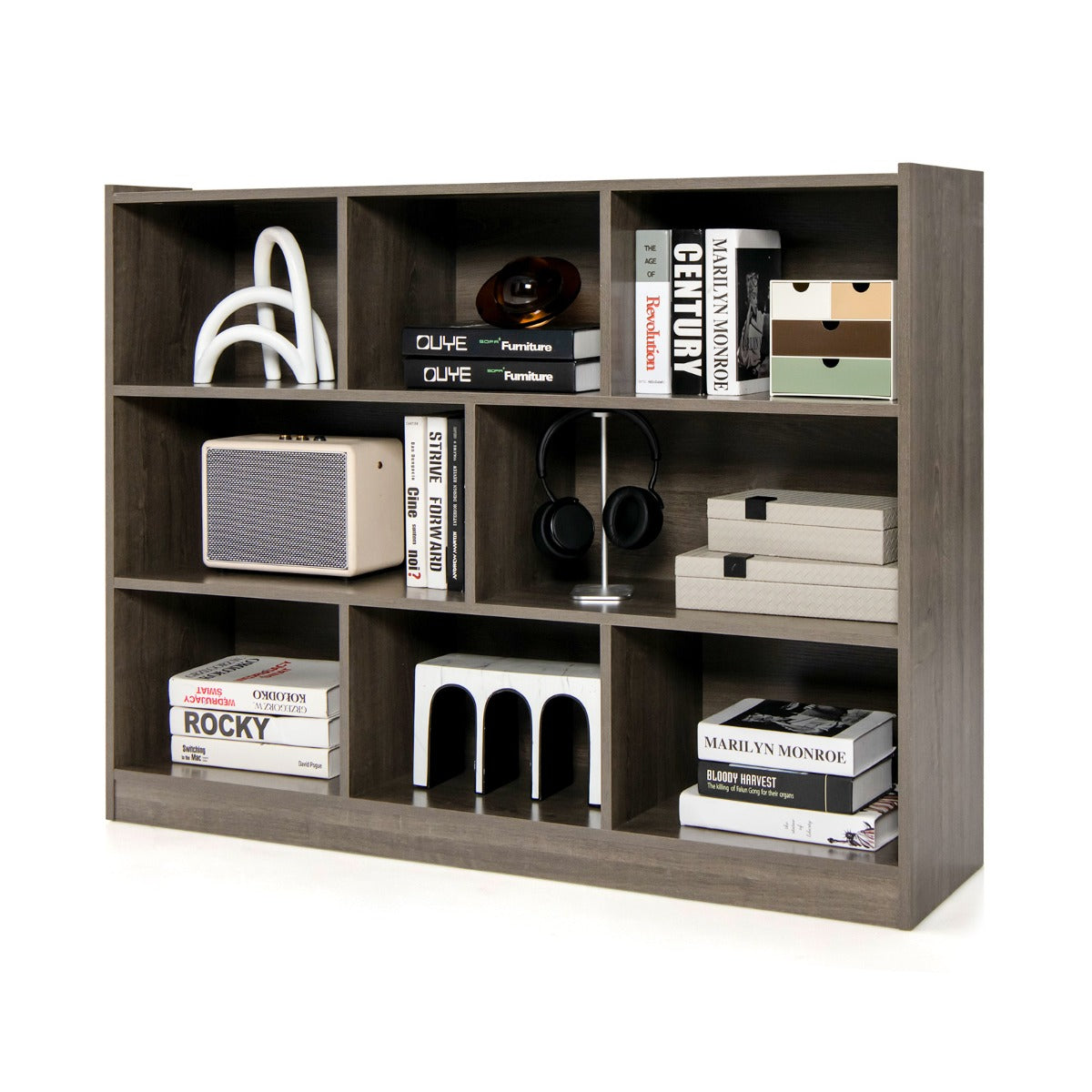 3-Tier Open Bookshelf Storage Cabinet with 8 Cubies-Grey
