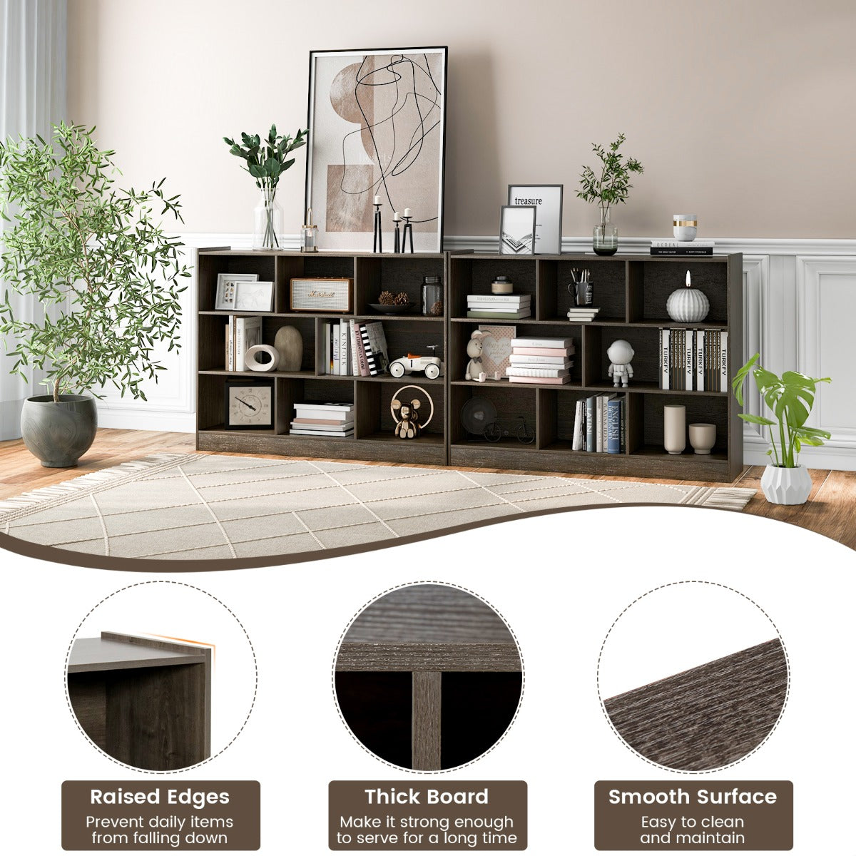 3-Tier Open Bookshelf Storage Cabinet with 8 Cubies-Grey