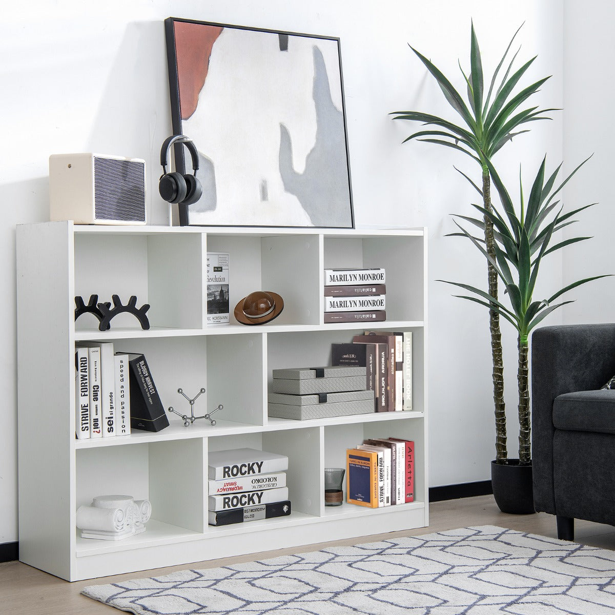 3-Tier Open Bookshelf Storage Cabinet with 8 Cubies-White