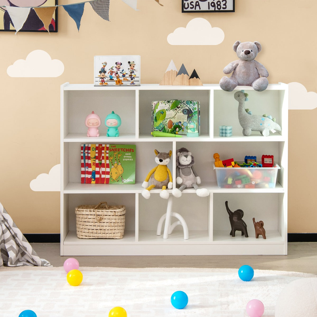 3-Tier Open Bookshelf Storage Cabinet with 8 Cubies-White