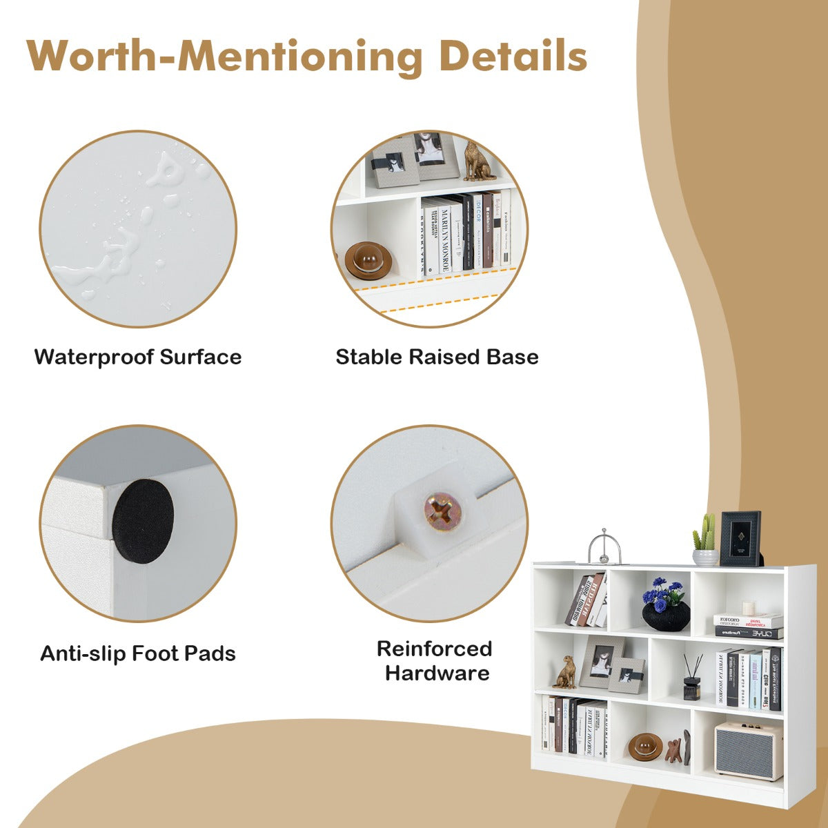 3-Tier Open Bookshelf Storage Cabinet with 8 Cubies-White