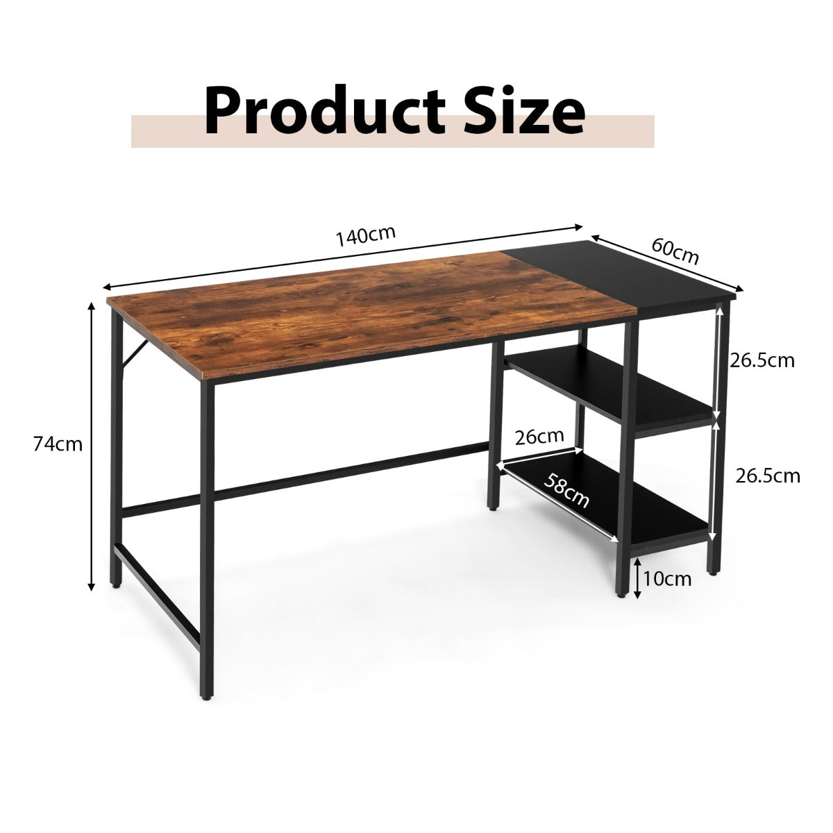 140CM Computer Desk with 2-tier Storage Shelves &amp; Steel Frame-Brown