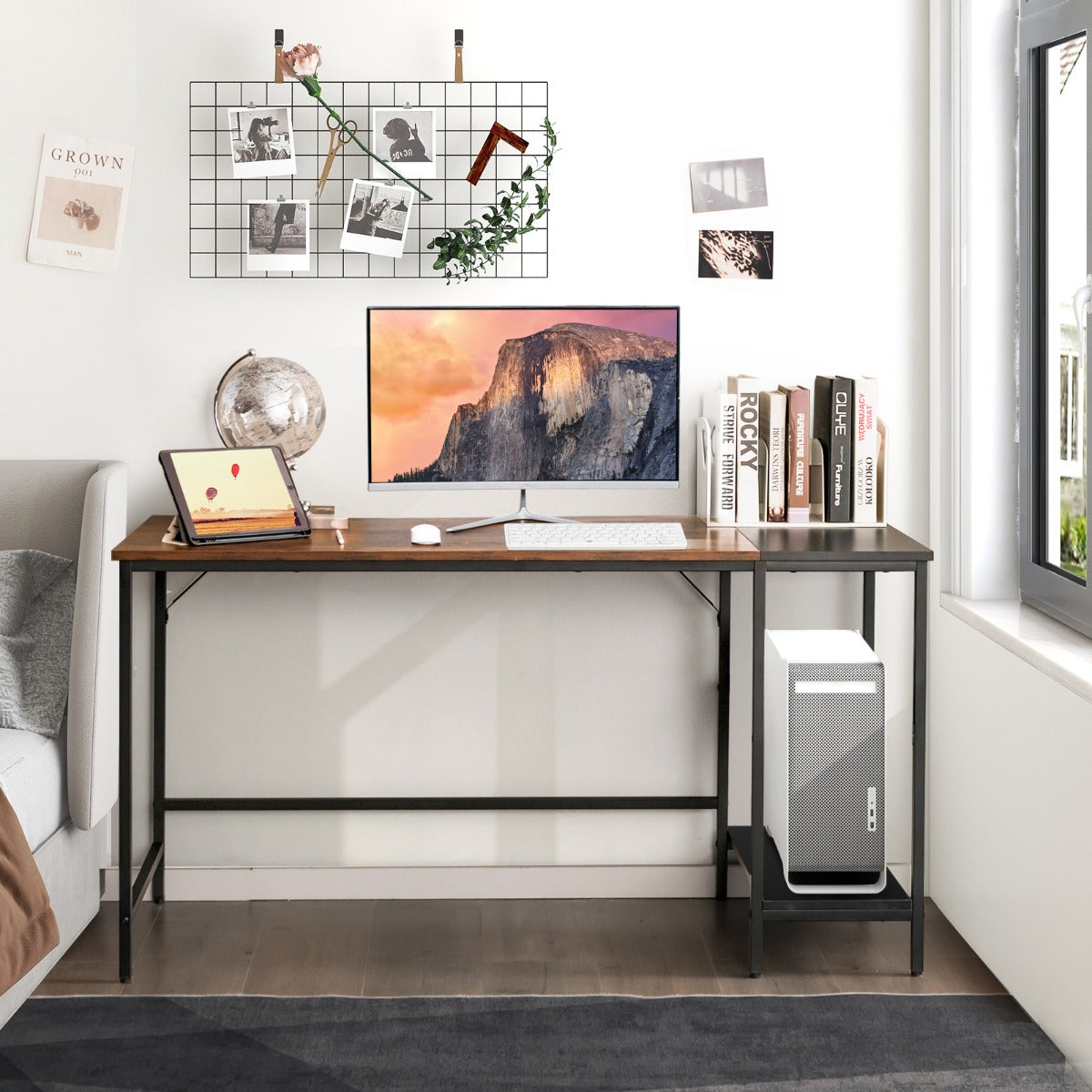 140CM Computer Desk with 2-tier Storage Shelves &amp; Steel Frame-Brown