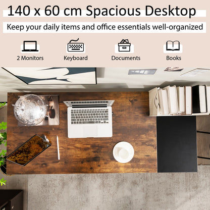 140CM Computer Desk with 2-tier Storage Shelves &amp; Steel Frame-Brown